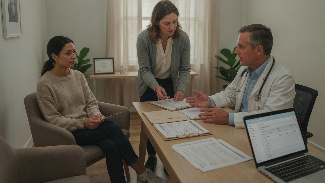 A doctor and clinic staff discussing medical paperwork during a consultation with a patient.