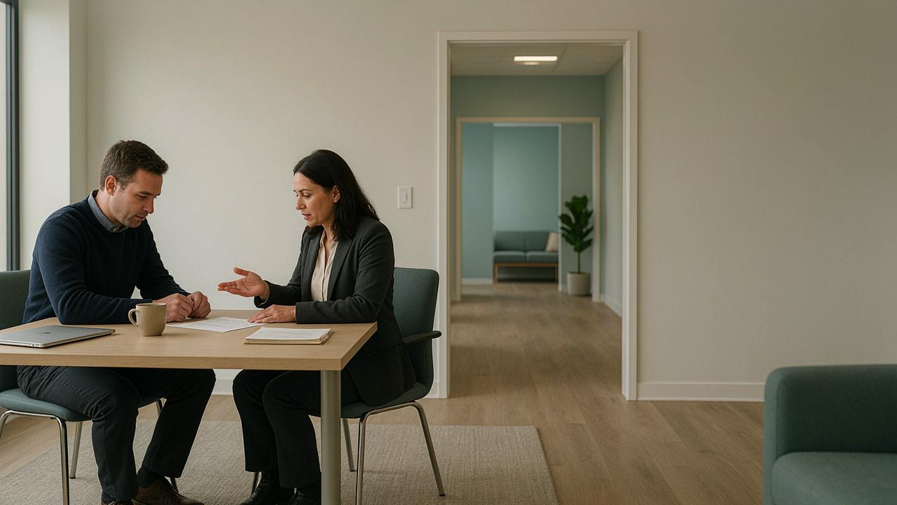 A professional healthcare consultant reviewing documents with a male patient at a clinic desk.