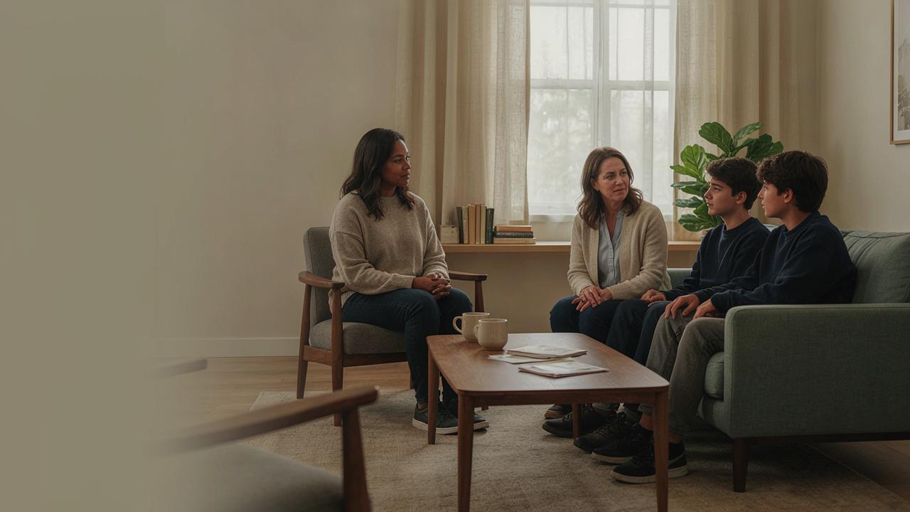 A therapist sitting with a family and two teenage boys during a supportive consultation session.