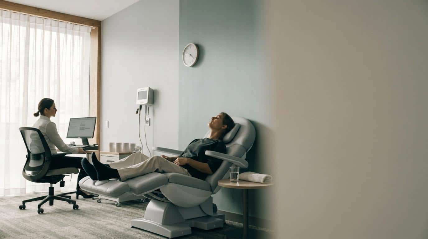 Patient relaxing in a comfortable chair during Spravato observation period in a medical office.