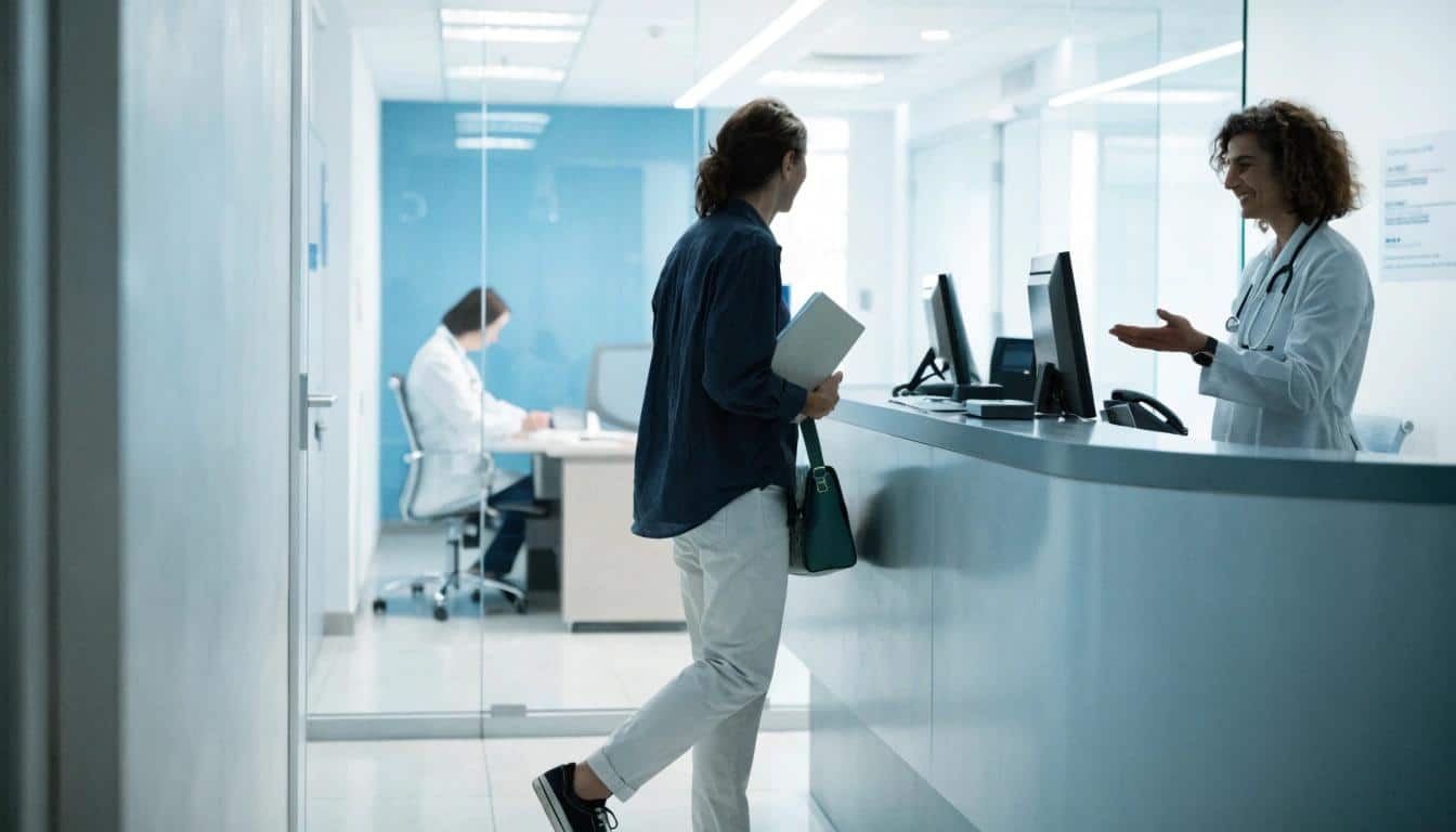 Patient checking in at a psychiatric clinic reception desk for a treatment appointment.